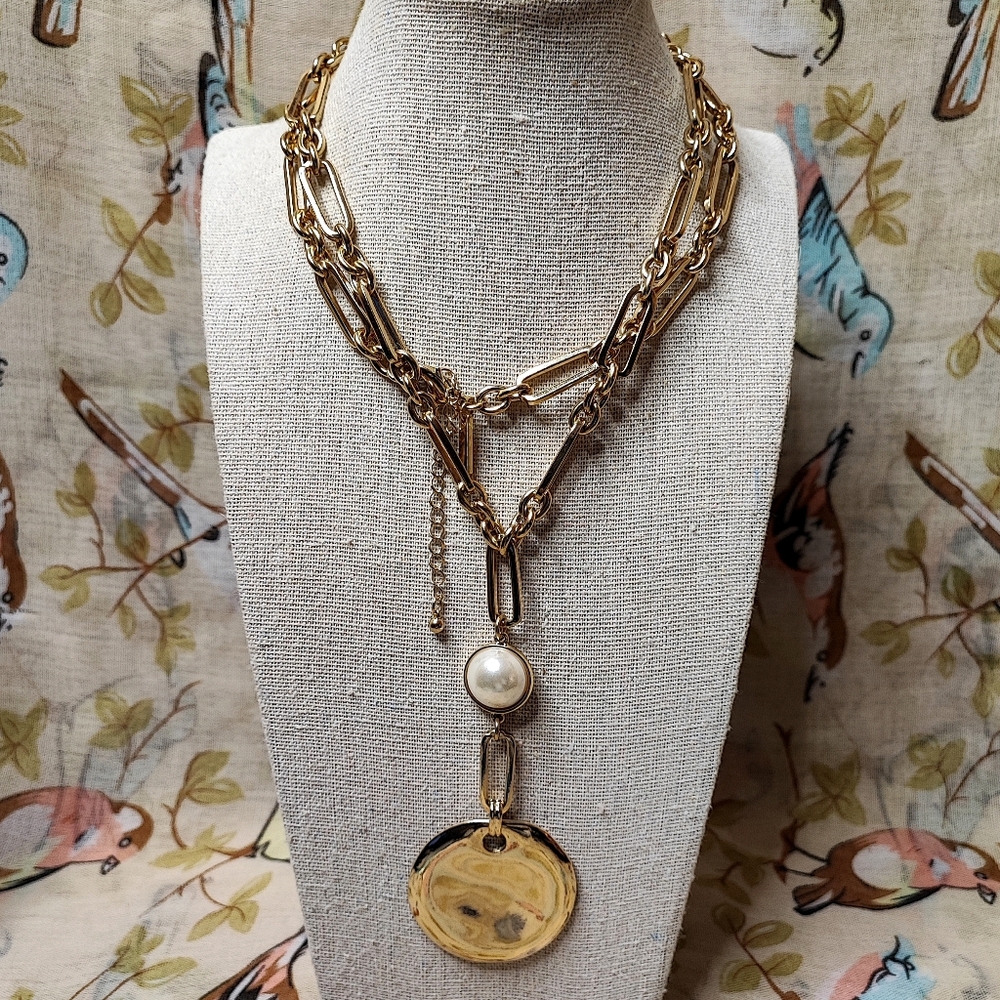 WHBM White House Black Market Faux Pearl Medallion Gold Tone Statement Necklace
